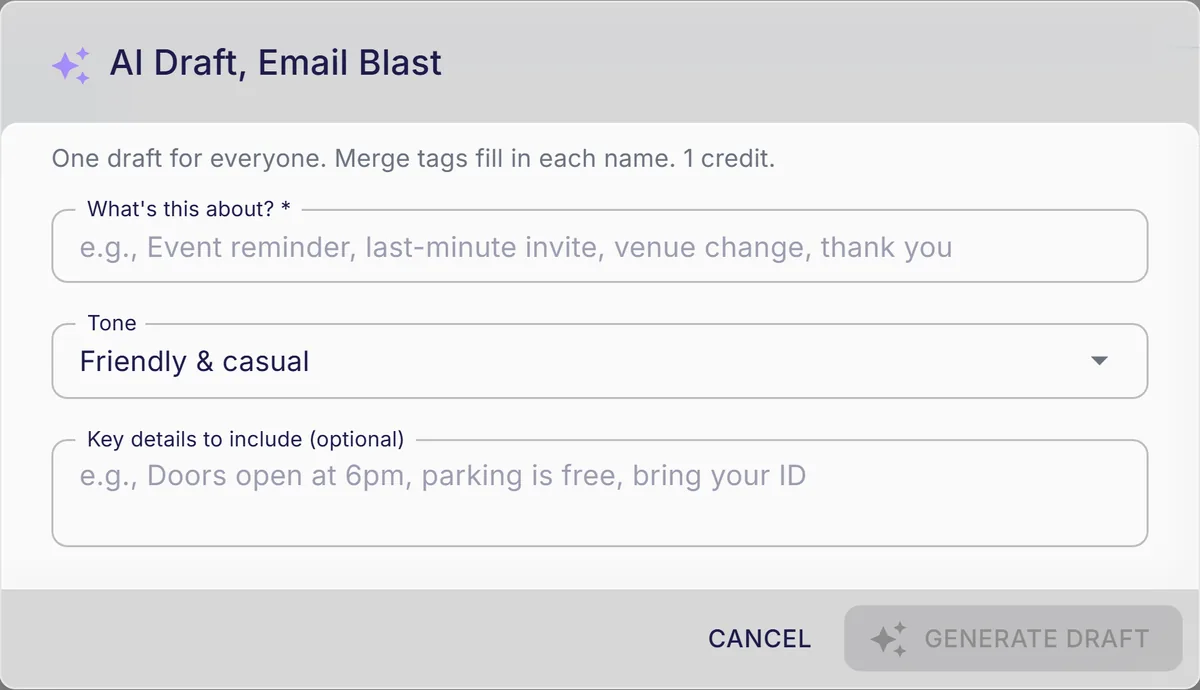 The AI draft dialog for an email blast, one draft for everyone, one credit.