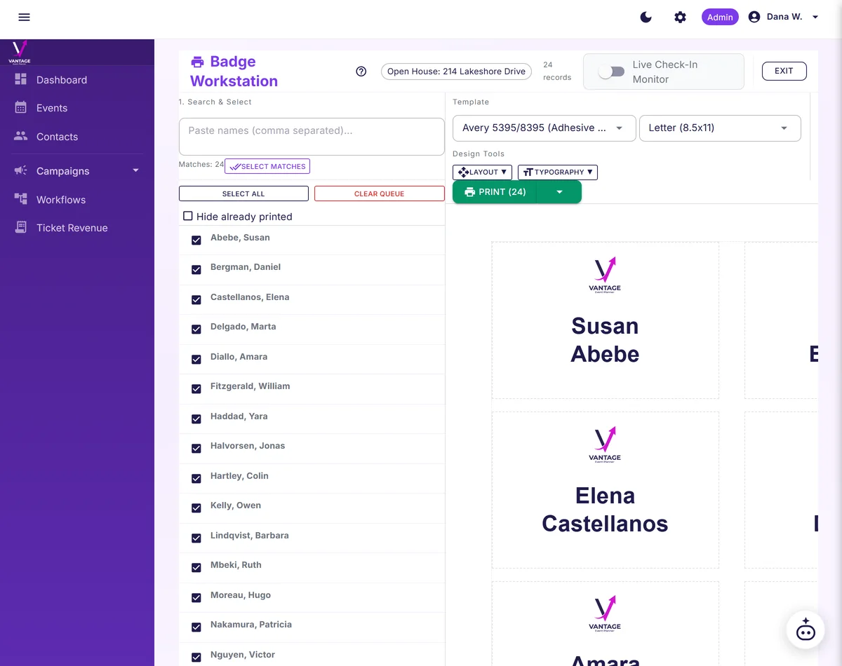 Badge workstation previews Avery 5395 name badges with layout and typography controls.