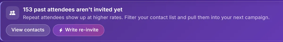 A dashboard card counting past attendees not yet invited, with View contacts and Write re-invite buttons.