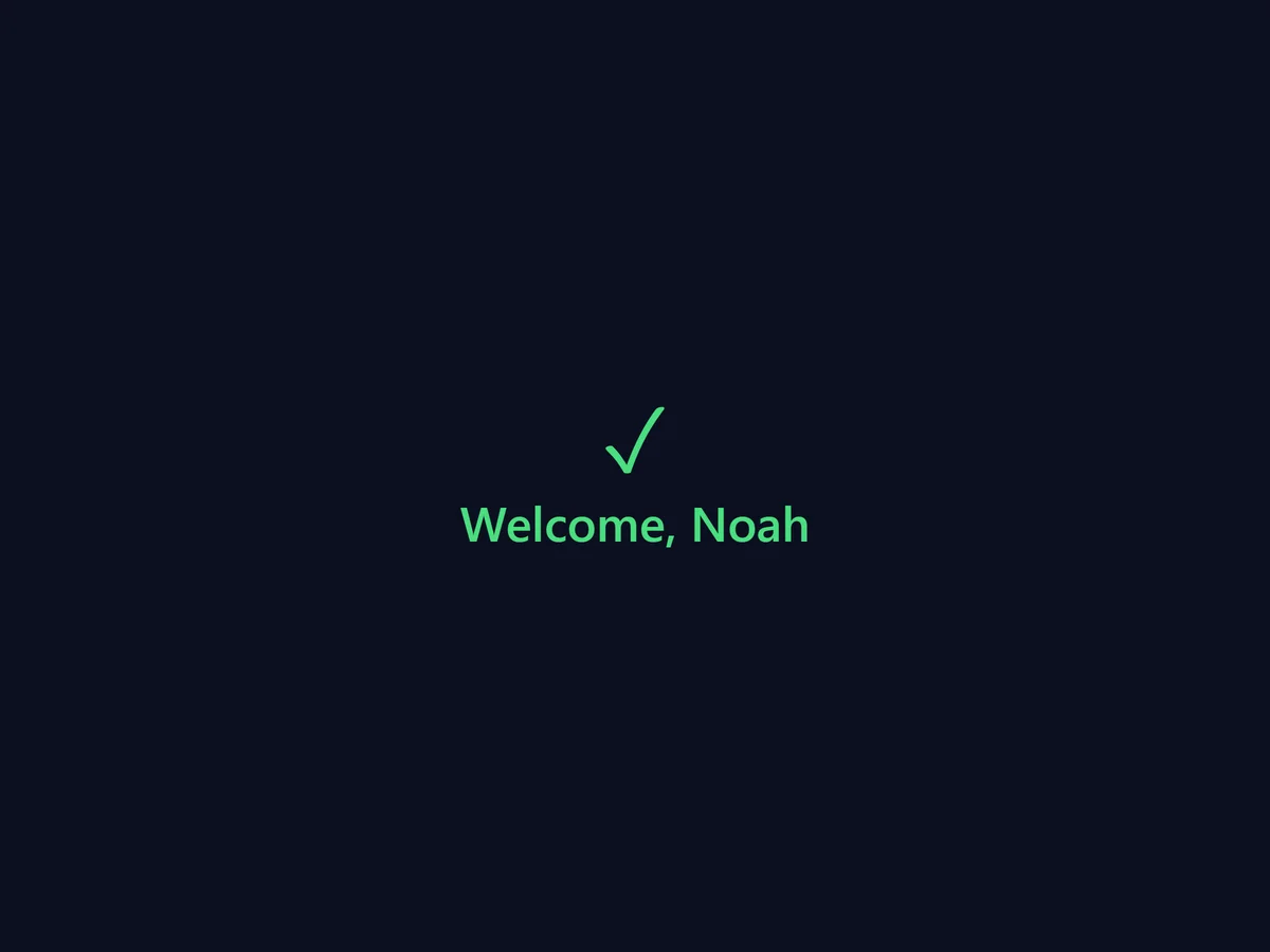 Kiosk welcome screen confirms a guest as checked in, first name only.