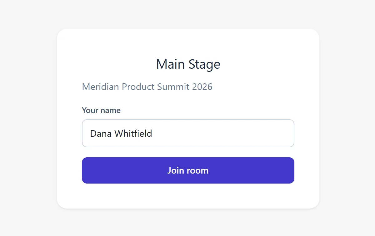 Room join screen for the Main Stage shows a name field and a Join room button.